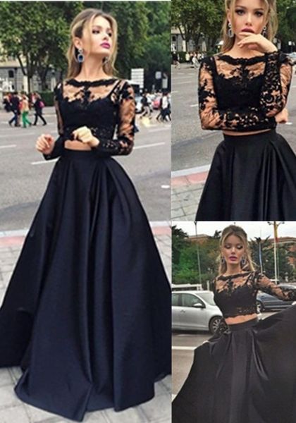

custom made black two pieces evening dresses long 2019 long sleeve prom dresses lace prom party gown abiye gece elbisesi, White;black