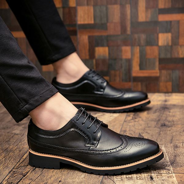 

2020 men dress shoes leather fashion derby shoes classic casual business wedding footwear lace-up british style male formal shoe y200420, Black