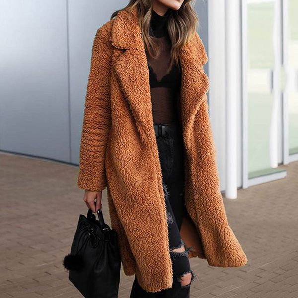 

winter fashion elegant faux fur coats women long style fur jackets high street turn down collar thick warm outwear overcoats for laides, Black
