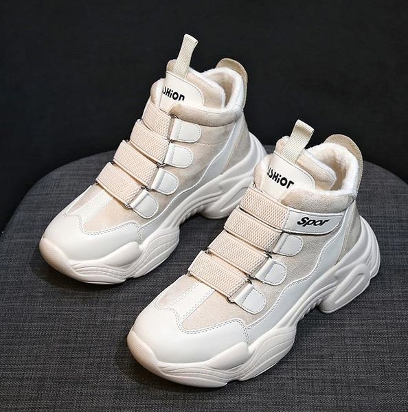 

new women winter fashion clunky sneaker casual fur suede shoes leather platform plush high dad shoes ladies thick bottom, Black