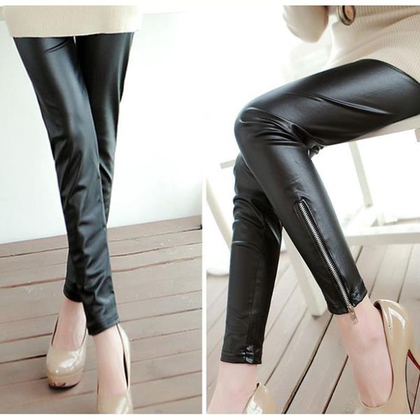 

ygyeeg women pu leather leggings with feet zipper high waist push up faux leather ankle-length patchwork elastic pants, Black