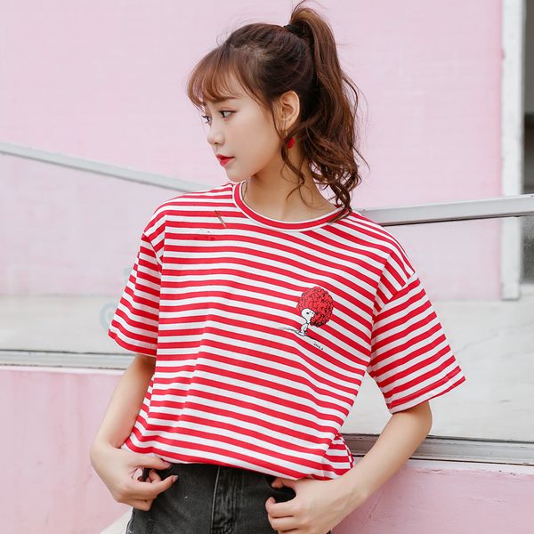 

new cotton short sleeve o-neck flower print t-shirt 2018 women fashion pullover striped soft female casual tees blusas, White