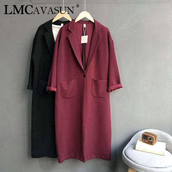 

lmcavasun autumn women long trenchcoat cocoon shape suit v-neck full sleeve loose coat female red korean clothes cardigan, Tan;black