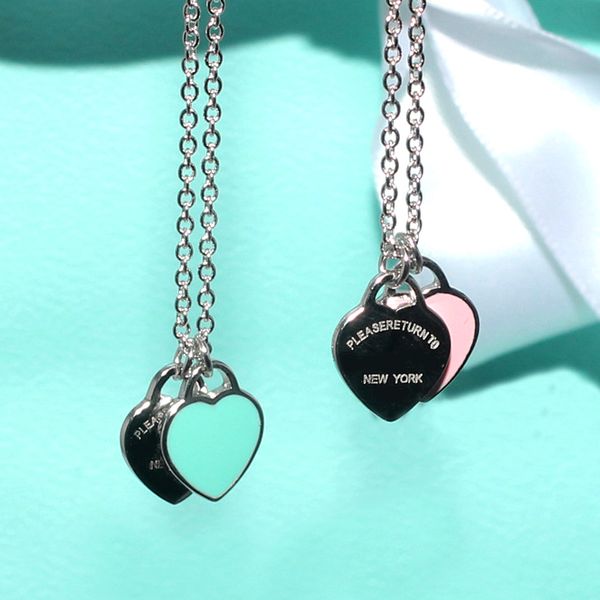 

316l titanium steel silver double heart pendant necklaces for women rose gold necklace with pink and blue heart pendant fashion jewelry