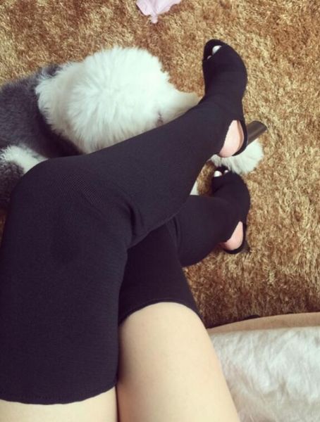 

selling 2019 stretch fabric over-the-knee women boots square heel long boots fashion pointed toe sandals ankle, Black