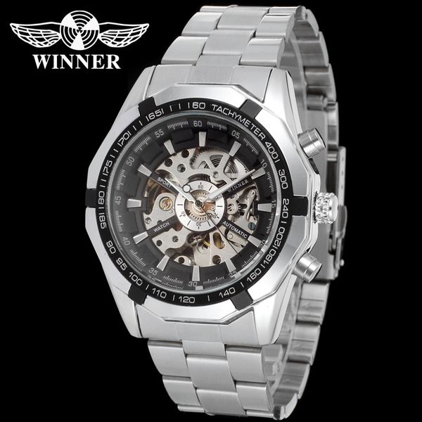 

business men watch automatic winner wristwatch mechanical skeleton transparent clock gift relogio masculino, Slivery;brown