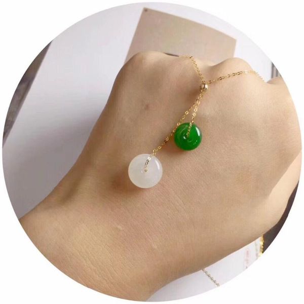 

zhe ru jewelry 18k gold inlaid natural hetian biyu white jade donut clavicle chain female models certificate, Silver