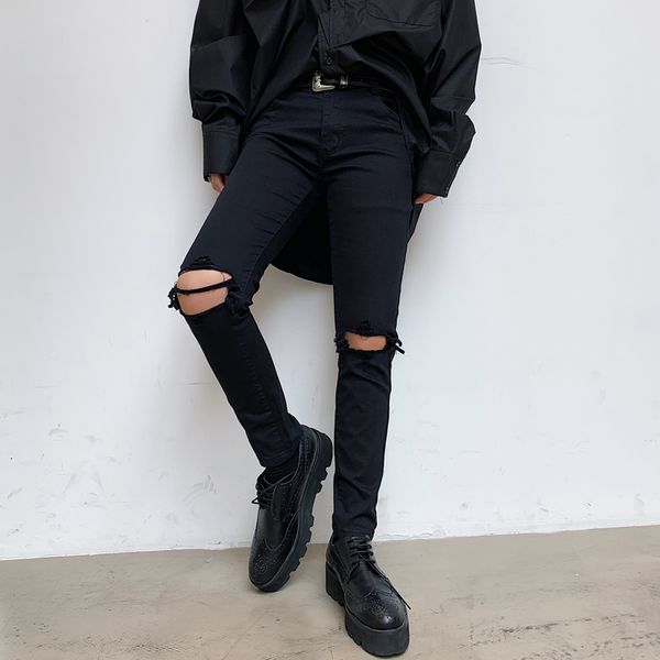 

spring dark streetwear knee hole black skinny jeans men casual pants slim fit wild thin korean design nine pants teenagers, Blue