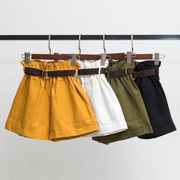 

2020 summer women high waist shorts fashion big pocket with belt wide leg short pants female loose elastic waist a-line shorts, White;black