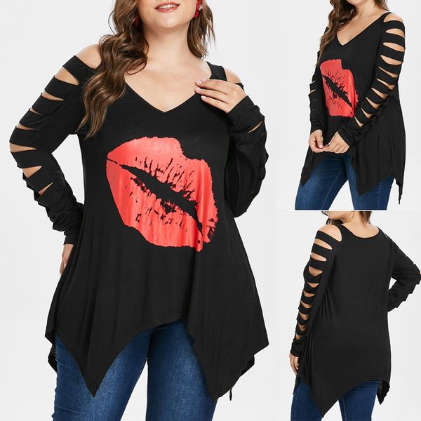 

30@blouse women plus size red lip print shirt cut out ripped hollow out irregular blouse blusas mujer de moda, White