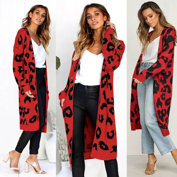 

women leopard knitted long cardigan long sleeve sweater overcoat for female women 2019 autumn new outwear coats autumn, White