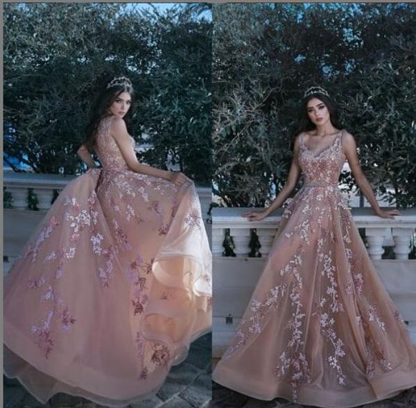 2019 Новая линия V-образным вырезом розовые вечерние платья из органзы Вечерние кружева Elie Saab Платья для выпускного вечера большого размера Vestidos De Fiesta Party
