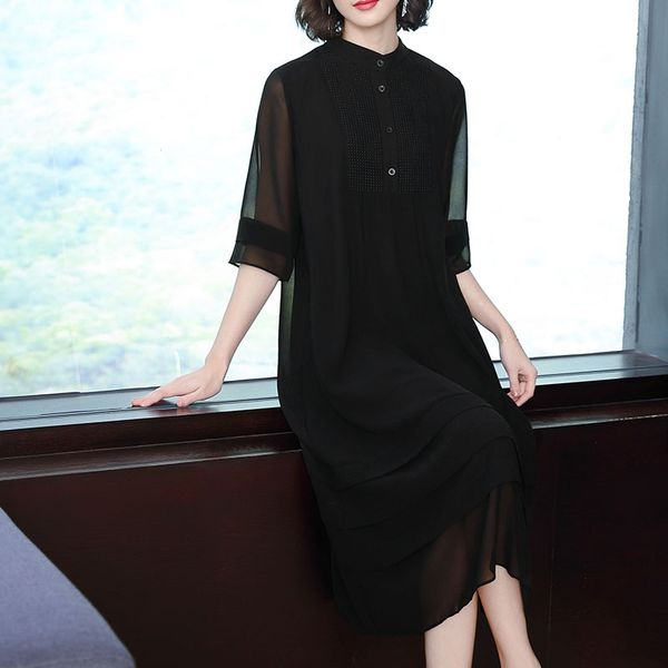 

new 2019 women dress elegant floral spring summer half sleeve vestidos chinese vintage black silk dresses high quality, Black;gray