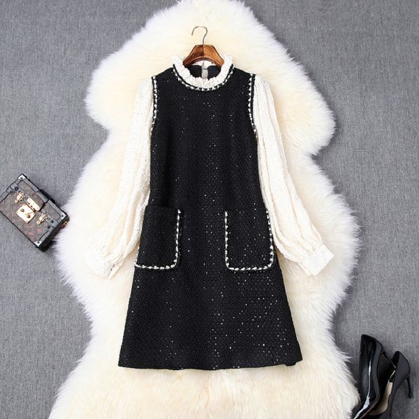 

роскошный дизайн короткое вечернее платье 2019 новая осень женщины повседневный стиль офис леди полный рукав бисер платье мини знаменитости, Black;gray