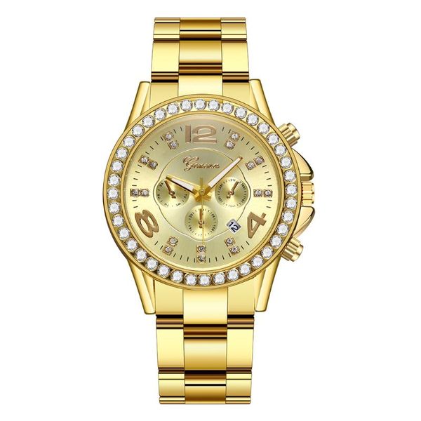 

women gold stainless steel bracelet date watches waterproof quartz rhinestone geneva wrist watches, Slivery;brown