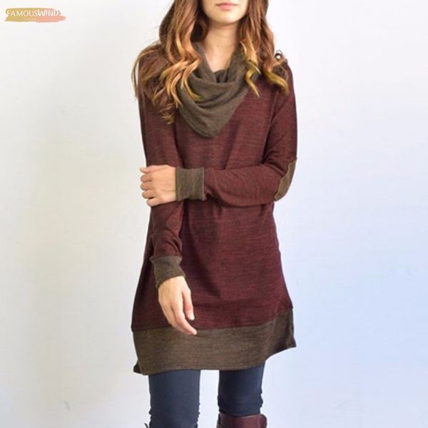 

women long sleeve patchwork pullover elbow patches cowl neck femme new casual spring autumn blouse shirts thin, White