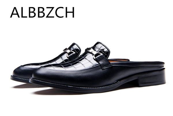

men slippers luxury metal buckle design men's slip on genuine leather casual slippers summer shoes career work man shoe, Black