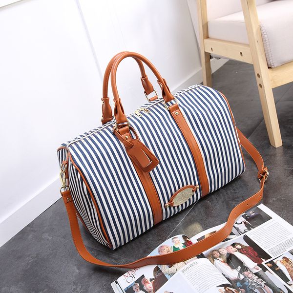 

duffel bags contrast striped canvas bag tide men's shoulder portable travel fashion couple practical outdoor sports
