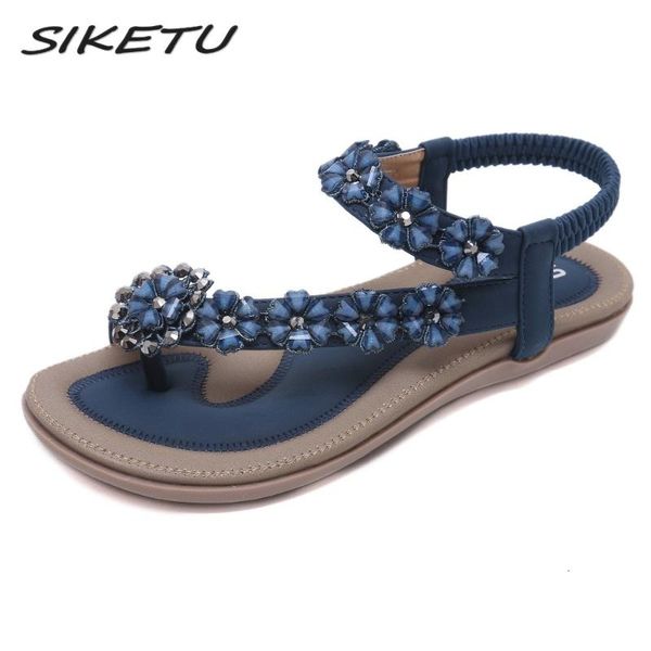 

siketu 2019 summer women casual flat sandals shoes woman bohemia flip flop crystal flower female soft gladiator beach sandals, Black