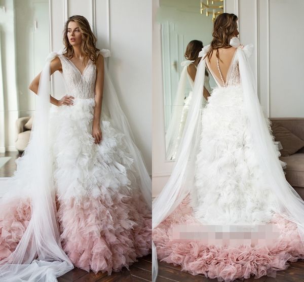 Abiti da sposa con abito da ballo in pizzo bianco con perle rosa 2020 Designer con impacchi scollo a V pieghe con volant abito da sposa Berta robes de mari￩e lungo