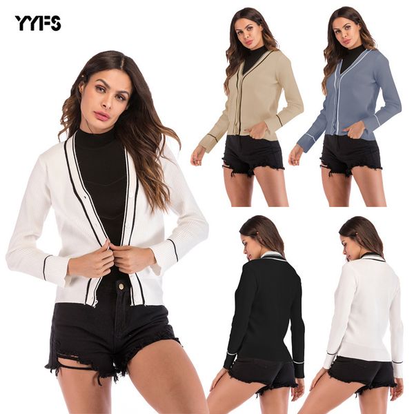 

womens designer autumn coat female v-neck color matching knit cardigan long sleeve button short sweater, White;black