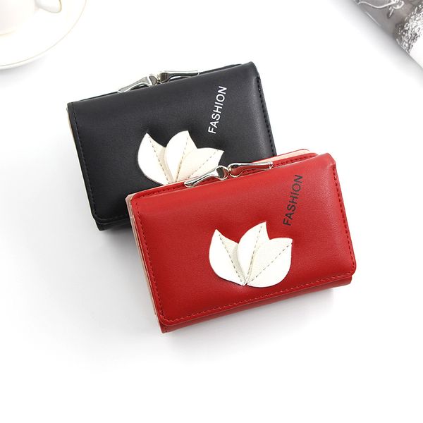 

new ladies wallet casual simple medium long 3 folding purse women coin purse card holder woman short wallet, Red;black