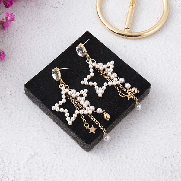 

trendy korean sweet hollow simulated pearl crystal star drop earrings women long tassel dangle earrings jewelry, Golden
