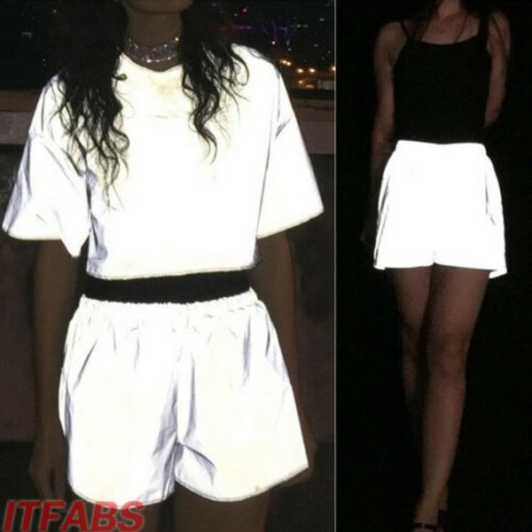 

2019 fashion new women summer reflective pants night luminous casual high waist streetwear shorts, White;black