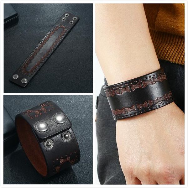 Neue Herren-Armbänder aus schwarzem echtem Leder für Männer, einfache Muster, graviertes Lederarmband, Schmuck, Geschenke für Jungen, Großhandel