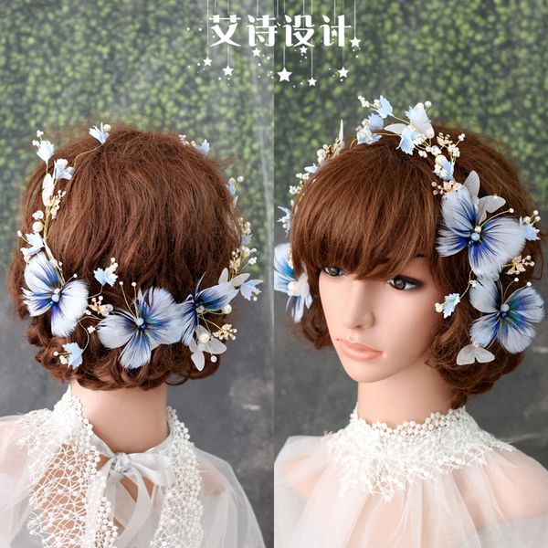 

bride's wedding headdress new handmade blue feathers sweet delicate hairband simple hair decoration women bride wedding tiara, Golden;white