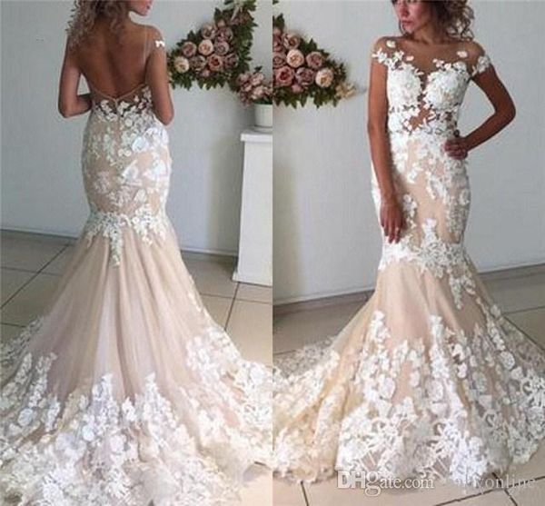 Muhteşem Şampanya Dantel Mermaid Gelinlik Sheer Cap Sleeve 3D Flora Aplikler Backless Gelinlik Gelinlikler Vestido de novia