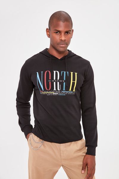 

trendyol black men 's hooded long sleeve printed thin fabric new sweatshirt tmnaw20sw0352