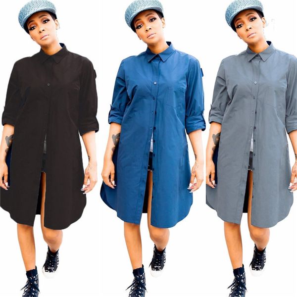 

womens autumn designer solid color casual shirts dresses long sleeve lapel neck female clothing fashion casual apparel, Black;gray