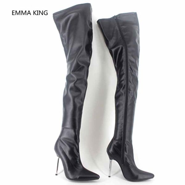 

new stretch slim long boots metal heels designer party shoes women over the knee thigh high patent leather boots high heels, Black