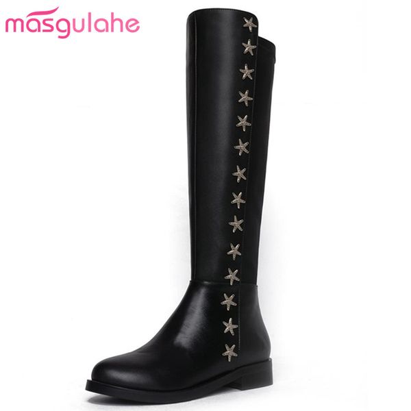 

masgulahe new arrival autumn winter boots casual genuine leather boots round toe thick low heels knee high womens shoes, Black