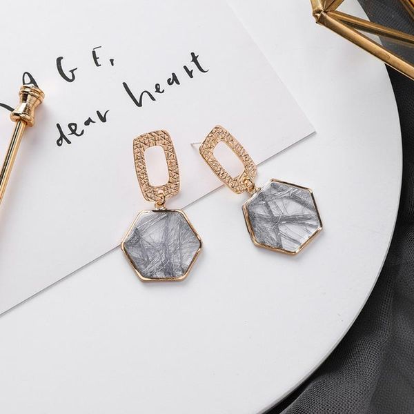 

silver pins korea style simple geometric hexagon gold wire texture drop earrings for girl fashion jewelry accessories