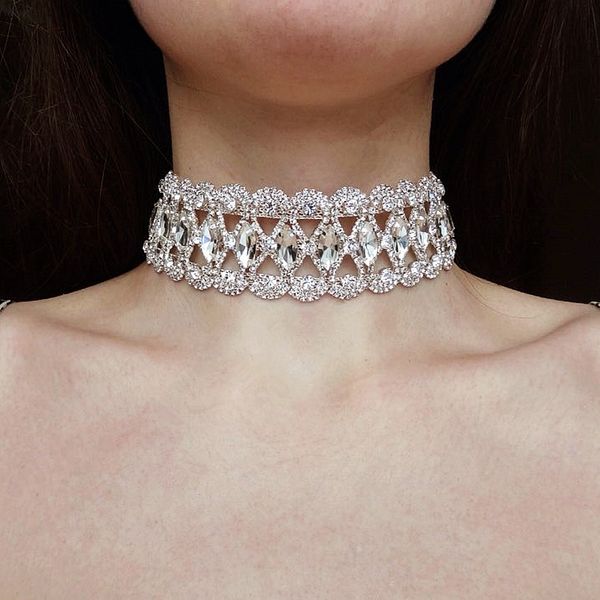 

luxury choker necklace hallow crystal bib collar necklaces & pendants maxi statement necklaces for women vintage jewelry, Golden;silver
