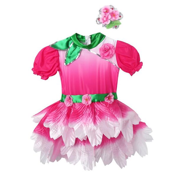 

chictry kids girls short puff sleeves 3d flower unitard mesh tutu dress with headwear modern dance salsa ballroom costume set, Black;red