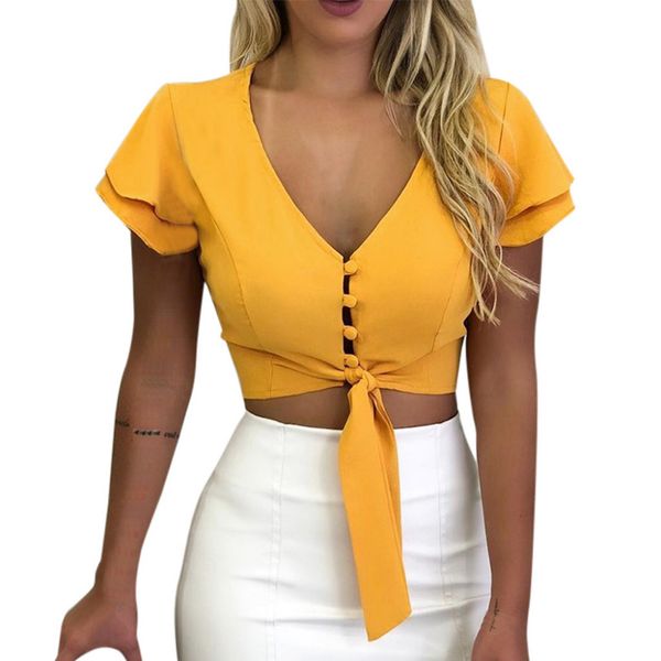 

crop top женщина танки топы женщин топы v шеи navel solid короткие женщины официальный бинты кнопки коротким рукавом повседневная 2019 летня, White