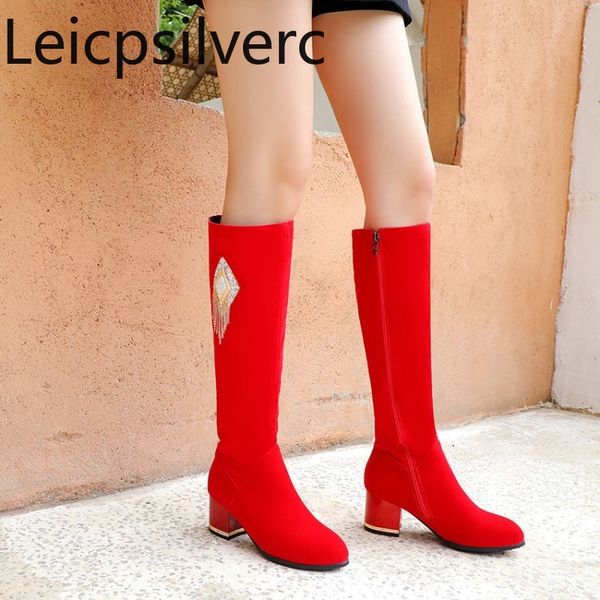 

women's boots autumn and winter new fashion round head zipper metal decoration mid heel high tube women's shoes plus size 32-45, Black