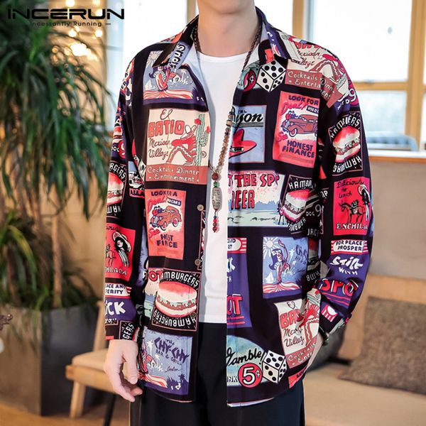 

incerun men printed shirts streetwear 2019 turn-down collar long sleeve loose vintage camisa korean casual brand shirt men s-5xl, White;black