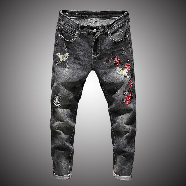 

rose embroidery jeans men fashion casual denim pants flower embroidery elastic slim fit trousers male bp048, Blue