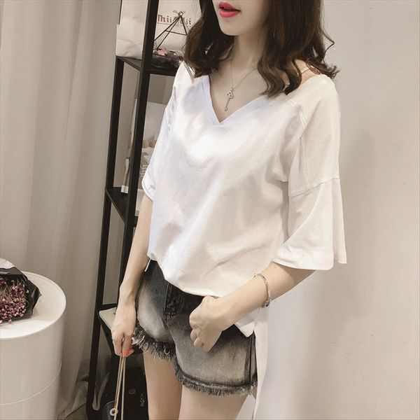

2020 solid color loose summer clothes v-neck straps single t-shirt large size clothes women's clothing t-shirt clothing wear, White