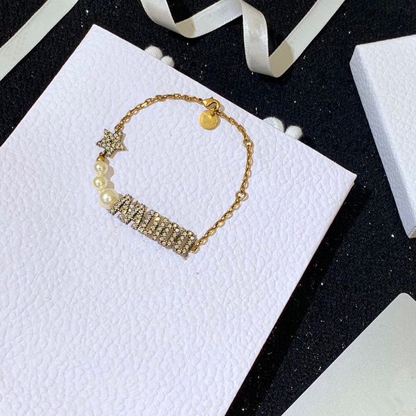 

stylish brass retro golden lettering set with imitation crystal chain necklace classic jewelry stars embellished beaded bracelet, Black