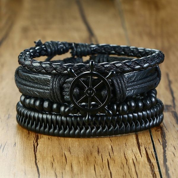 

vintage rope braided multilayer leather bracelet wood beaded vessel rudder punk casul male wristbands adjustable length, Golden;silver