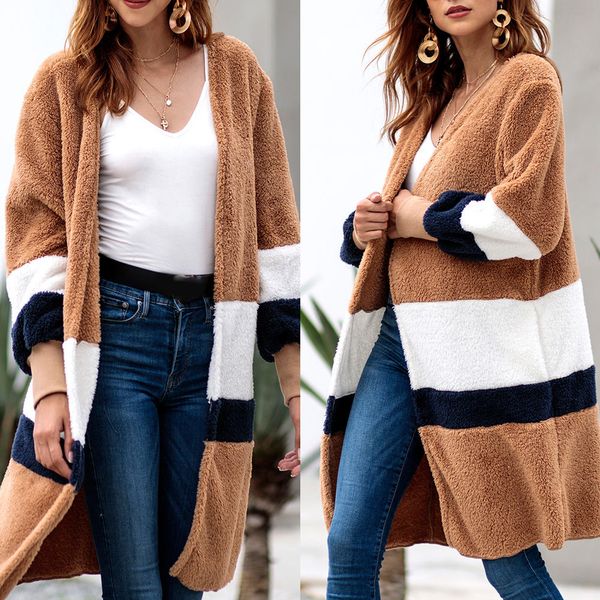 

women autumn winter cardigan loose mid-length cardigan long sleeve casual plush coat ik88, Black;brown