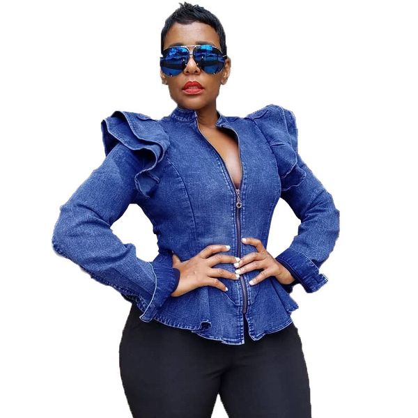 

plus size cropped jeans jacket women autumn long sleeve ruched zipper vintage bomber jacket short blue denim and coats, Black;brown