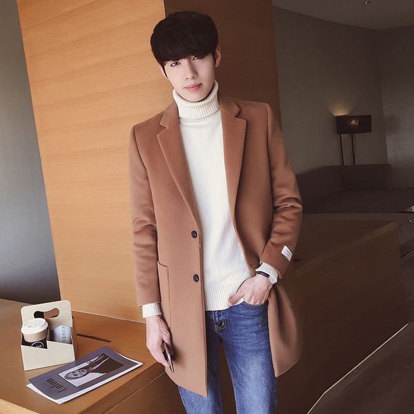 

long turn down collar woolen winter coats solid pockets wool coat and jacket single breasted men overcoat, Black