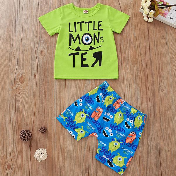 

toddler boy clothes short sets cartoon print green tee shirt blue shorts two piece set summer clothes for kids 1 to 3 years, White