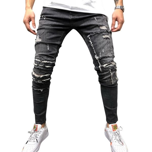 

nice men ripped skinny distressed destroyed slim stretch biker jeans pants with holes full length jeans, Blue
